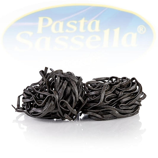 Frische Tagliarini mit Sepiatinte, schwarz, Bandnudel, 4 mm, Sassella, 500 g