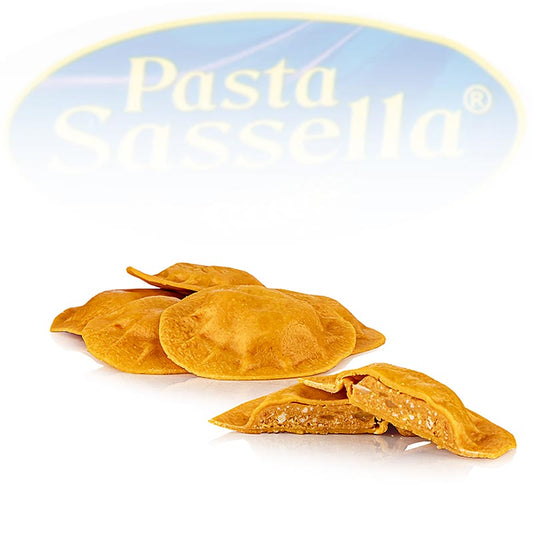 Frische Agnolotti mit Tomate-Mozzarella-Füllung, rund und rot, Sassella, 500 g