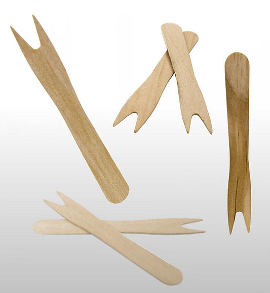 Snackgabeln/-picker aus Holz, hellbraun, 8,5cm, mit 2 Zinken, 1.000 St