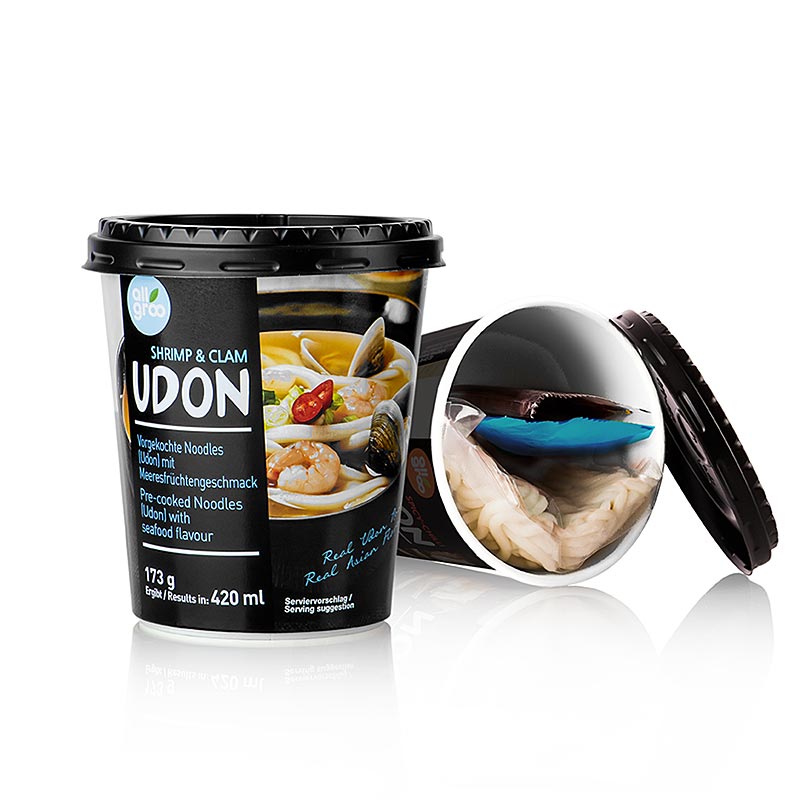 Instant Udon Cup Nudeln, Shrimp & Clam (Meeresfrüchte), Südkorea, Allgroo, 173 g