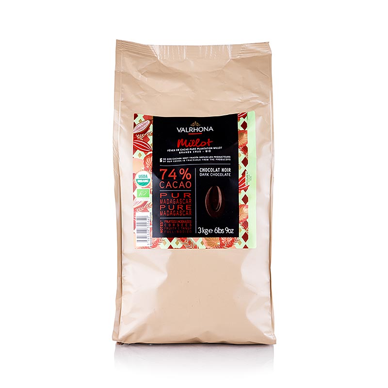 Valrhona Millot, dunkle Couverture, 74% Kakao, Callets (31508), BIO, 3 kg